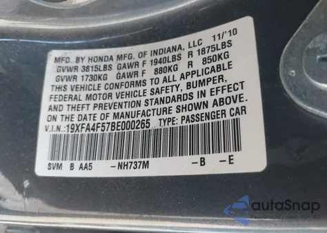 2011 Honda Civic Gx z USA, uszkodzony, nr VIN 19XFA4F57BE000265